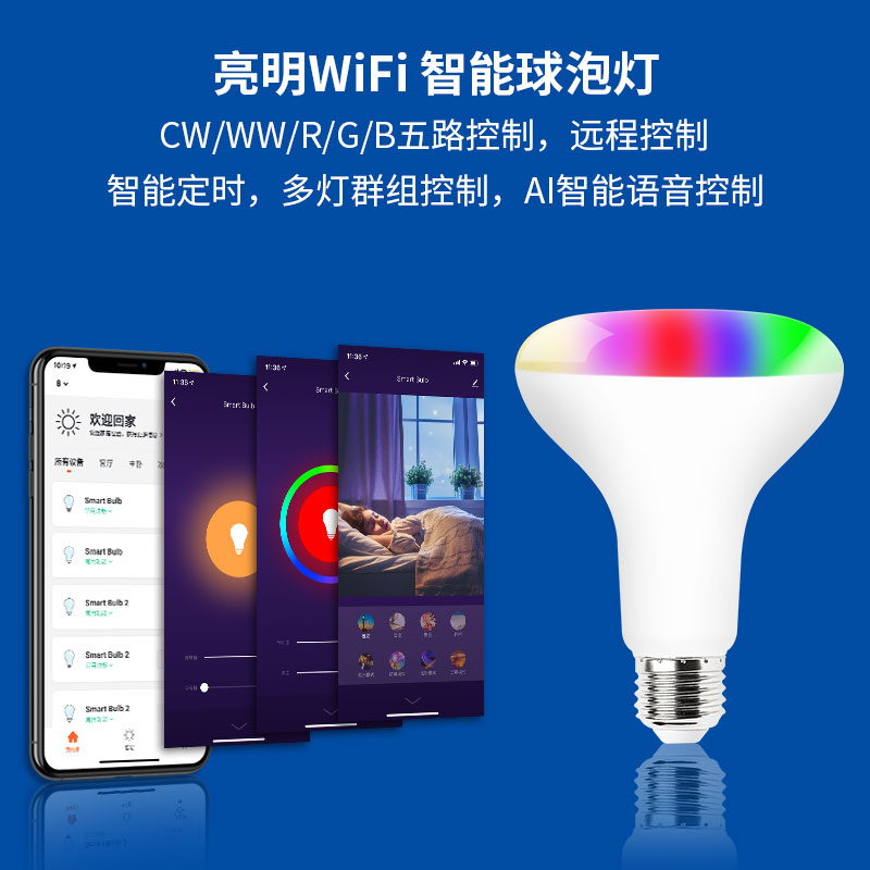 亮明96E智能led燈泡wifi球泡燈涂鴉云語(yǔ)音app控制13W五路調(diào)光調(diào)色